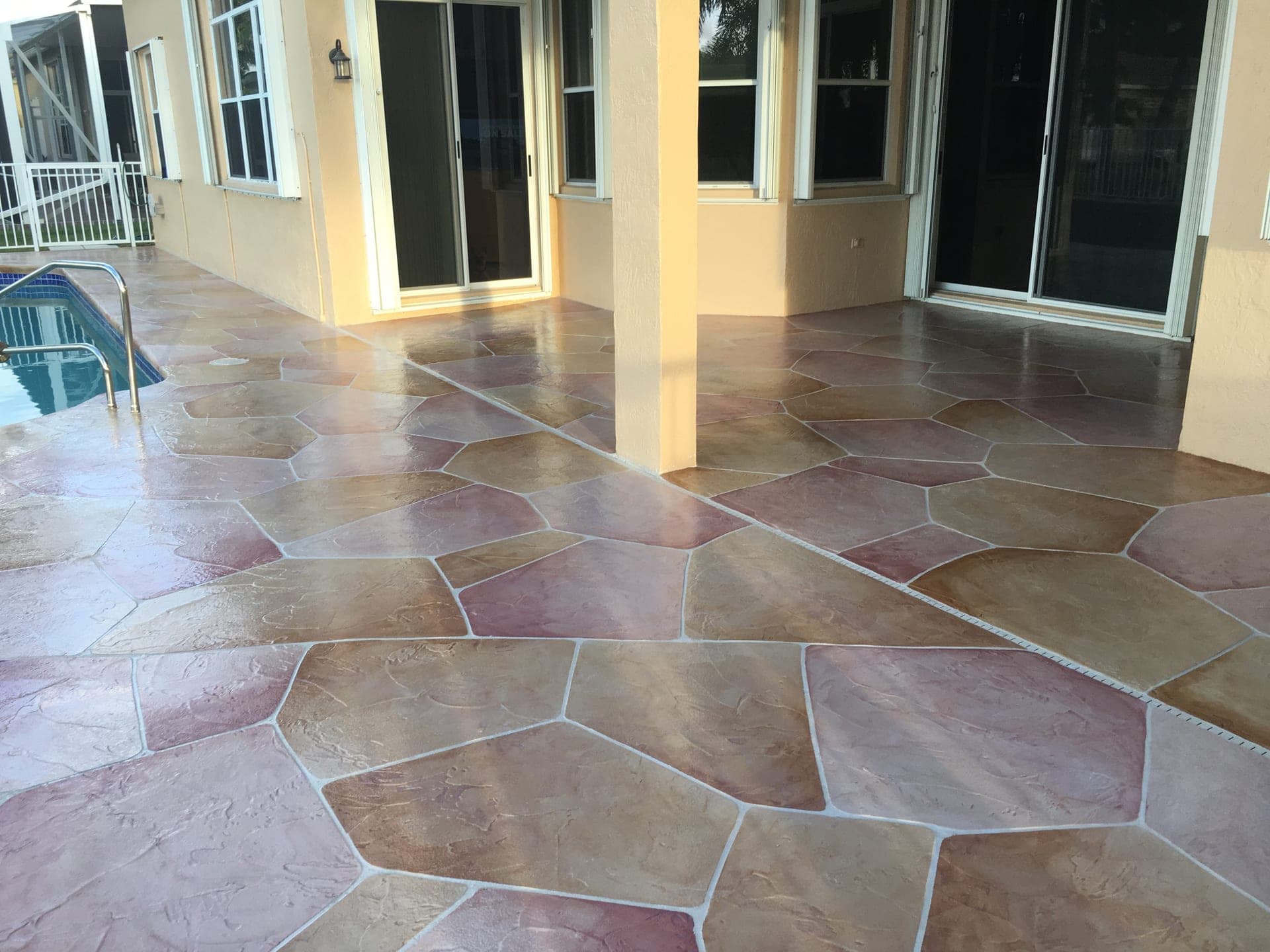 Covered patio with colorful flagstone
