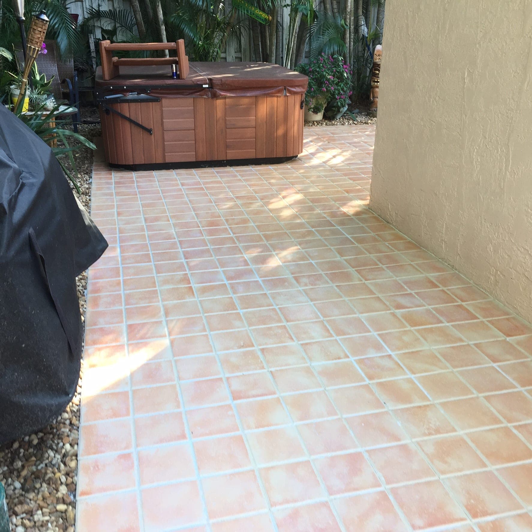 Tile pattern patio with hot tub