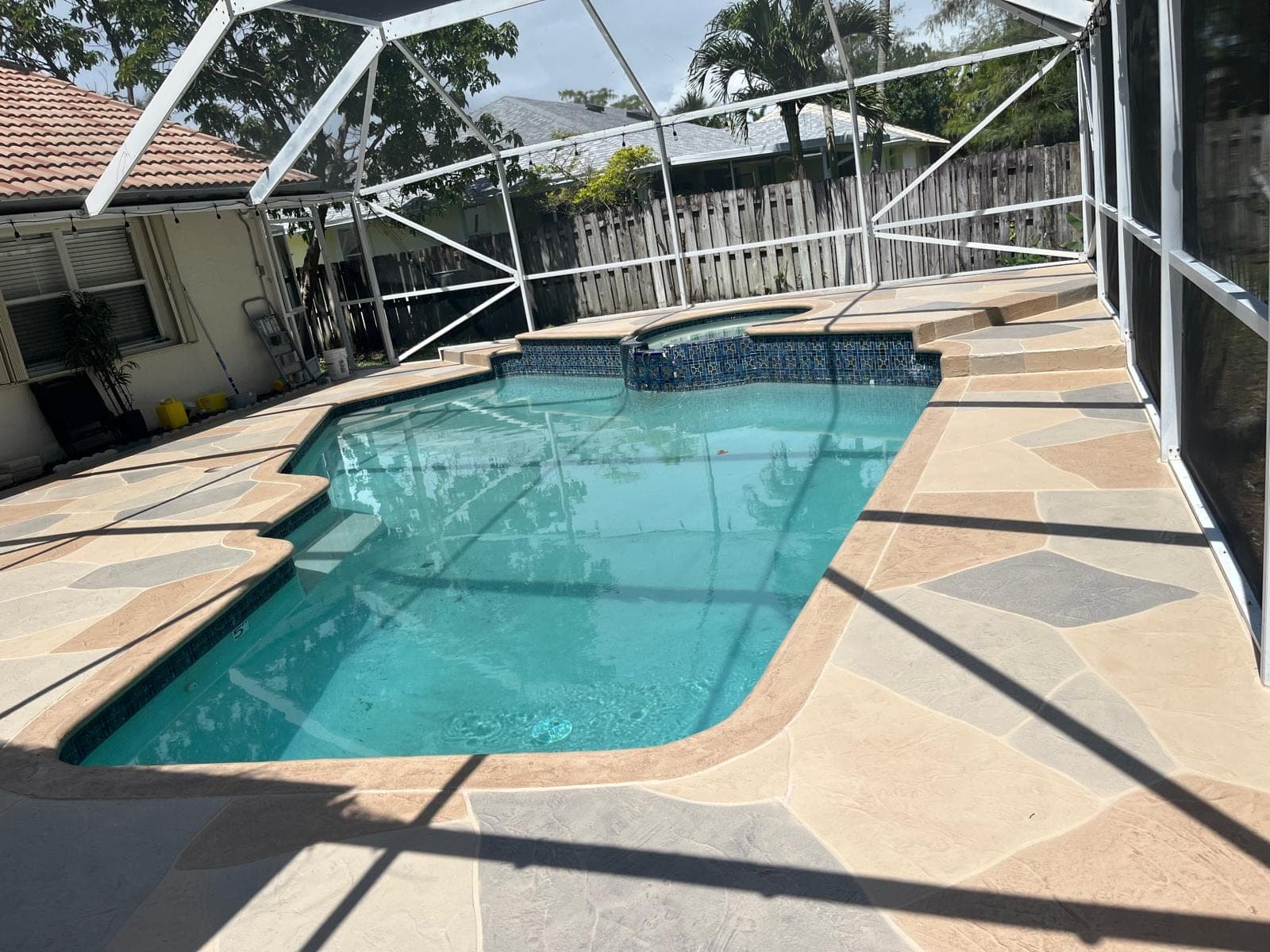 Earth tone overlay pool deck
