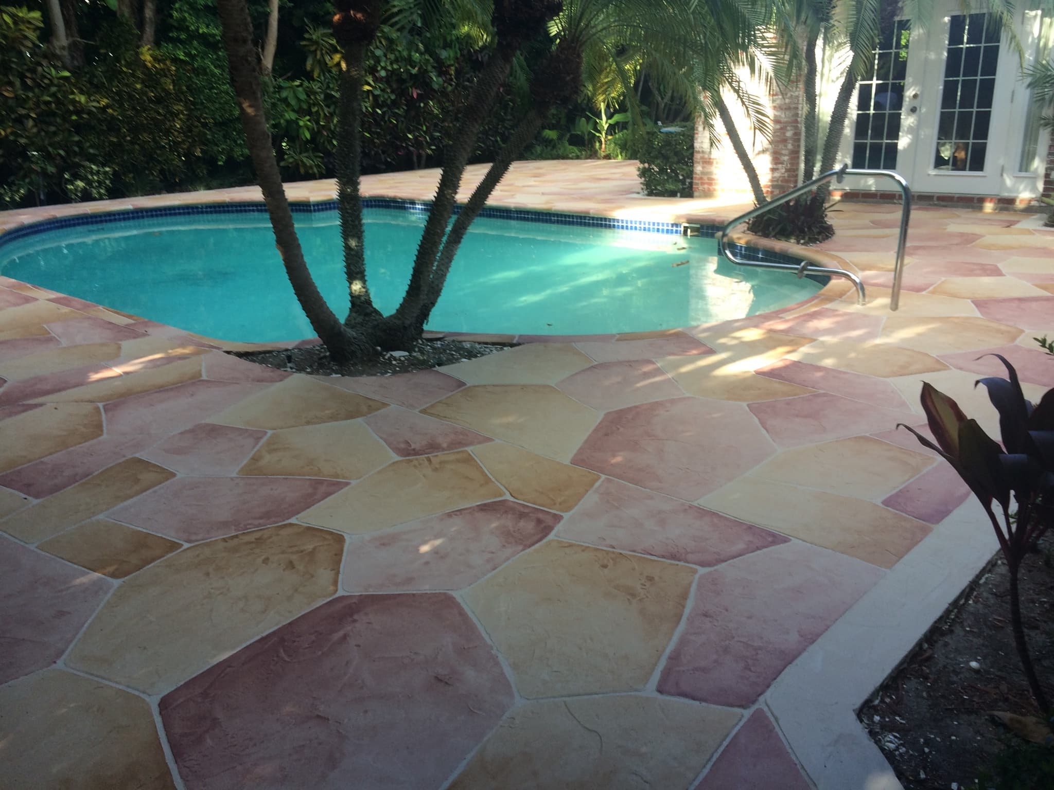 Tan flagstone pool deck with palm
